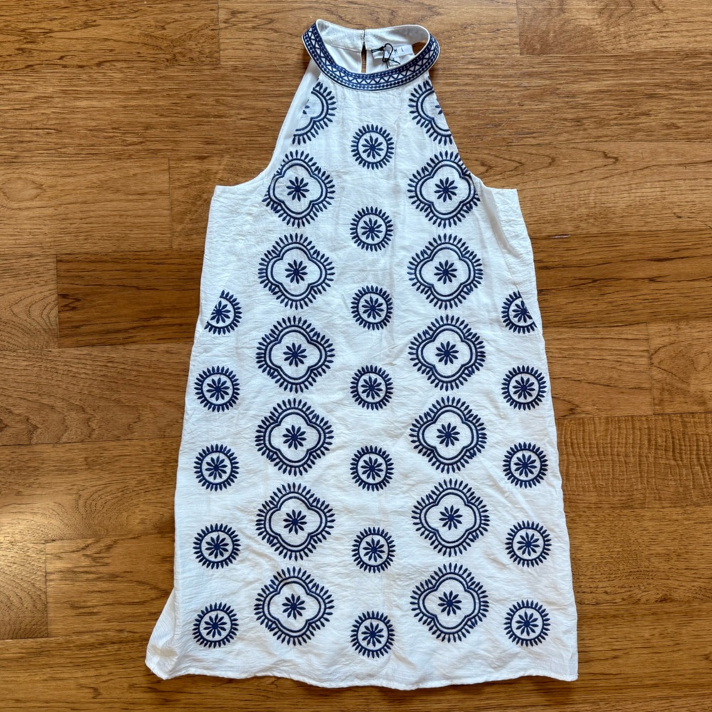 THML White and Blue Embroidered Halter Dress